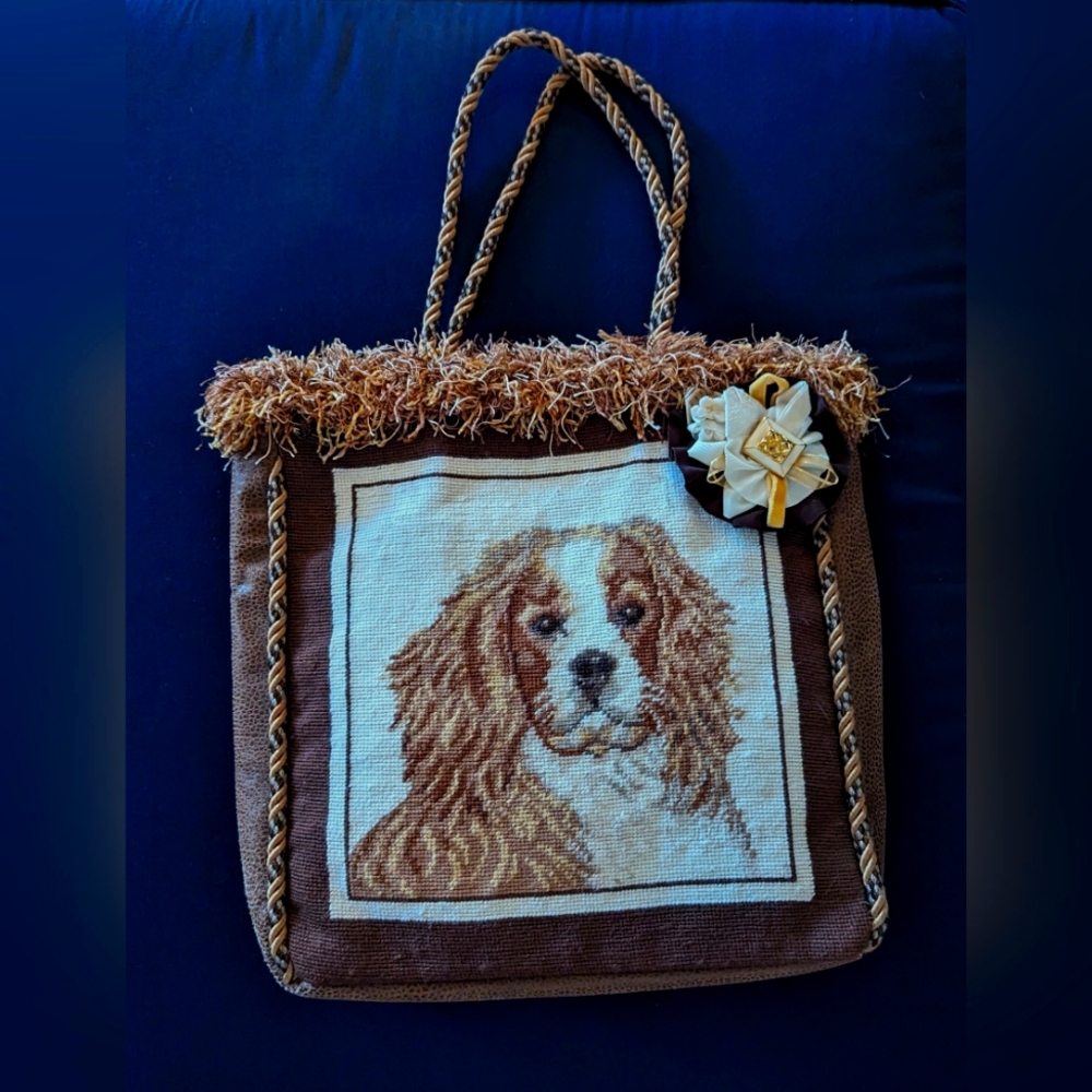 Large Needlepoint Cavalier King Charles Spaniel Tote